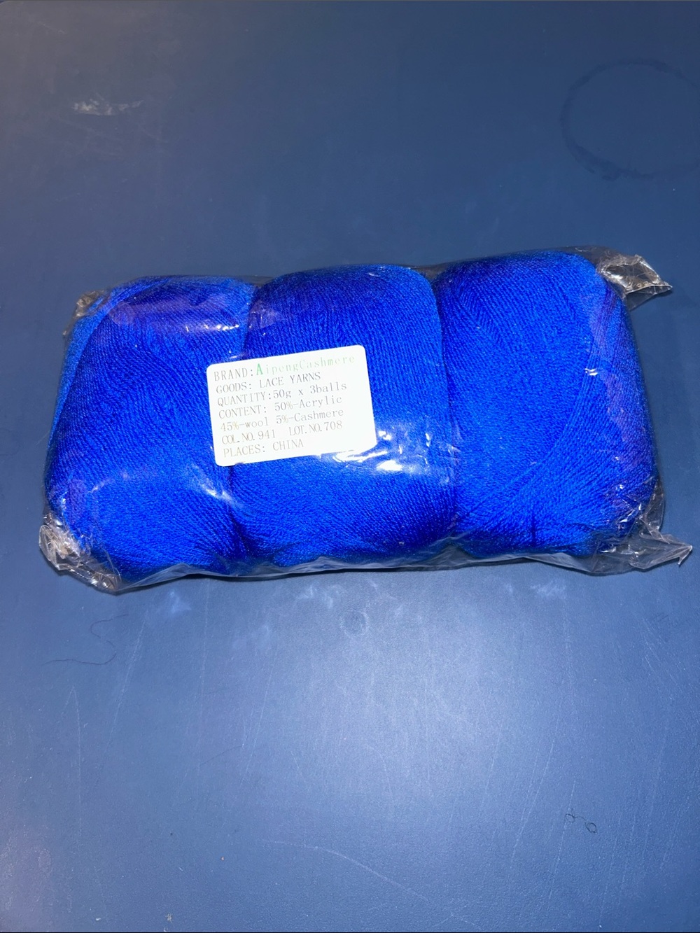 Aipeng Cashmere Blend Yarn. 3 Skein Lot. Cobalt  Blue